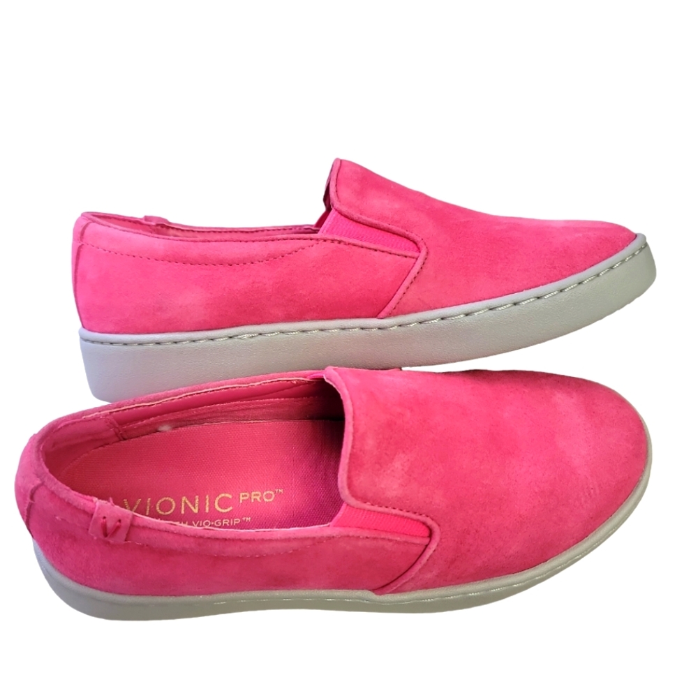 Vionic Pro Mahoney Avery Suede Leather Slip On Sneakers Shoes: Sorbet Pink/Grey